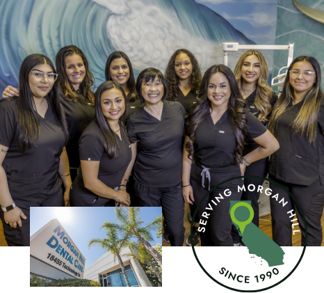 Collage featuring Morgan Hill Dental Care team and a graphic of California saying serving Morgan Hill since 1990