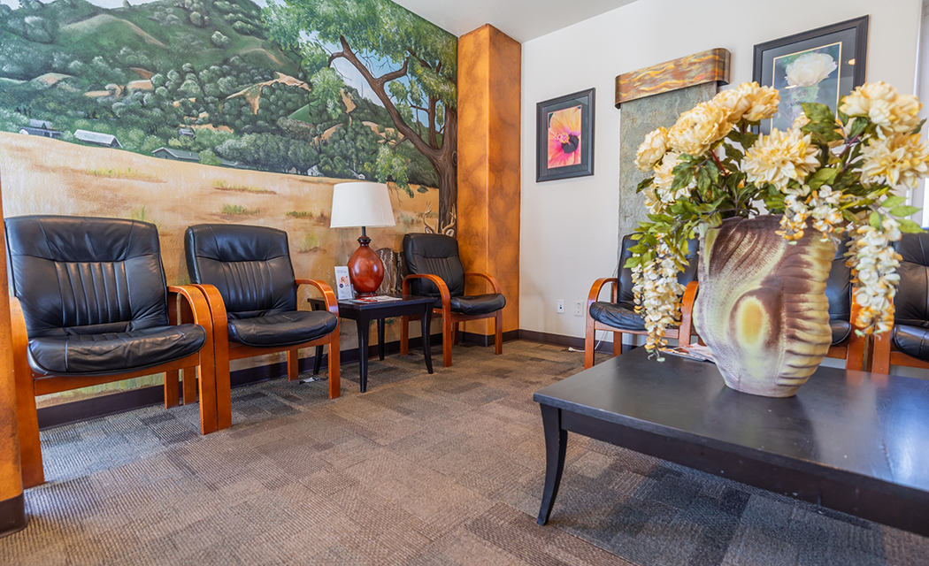 Waiting area with nature themed wall artwork